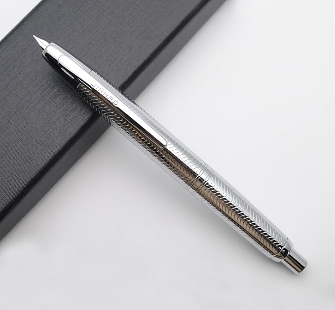 JINHAO 10 Press Fountain Pen, Retractable Metal Pen with Ink Converter (EF Nib 0.38mm, Wavy Texture Bright Silver)
