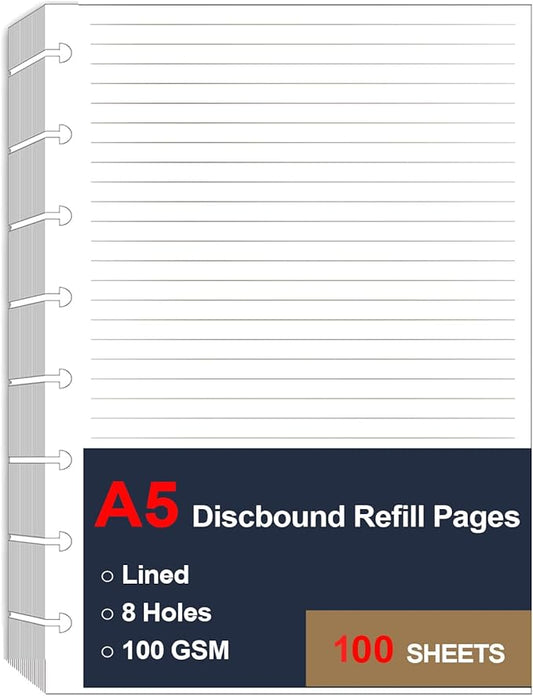 A5 TUL Discbound Lined Refill Paper, 8 Disc Hole Punched Ruled Filler Paper, Junior Size Refills Paper, 100Sheets / 200Pages, Loose-Leaf Paper, 100gsm Paper, 5.8 X 8.3 Inch