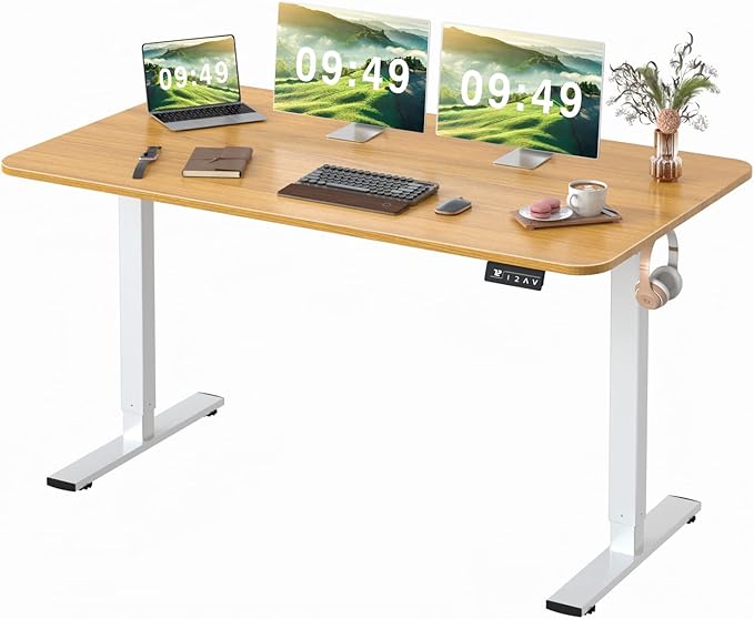 Furmax Electric Height Adjustable Standing Desk Large 55 x 24 Inches Sit Stand up Desk Home Office Computer Desk Memory Preset with T-Shaped Metal Bracket, Wood
