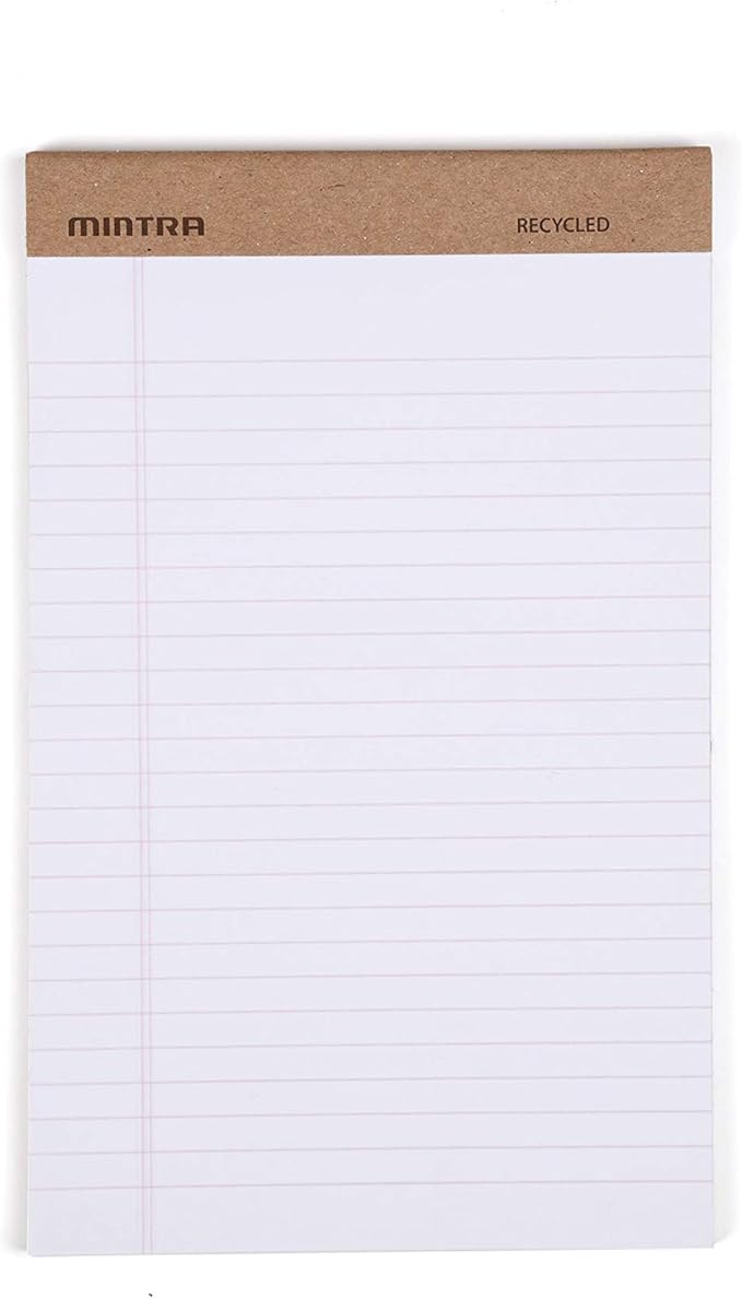 Mintra Office Recycled Writing Pads 6pk (White, Junior (5in x 8in)) - 50 Sheets per Notepad, Micro perforated, Legal Pad, Notebook Paper for School, College, Office, Business