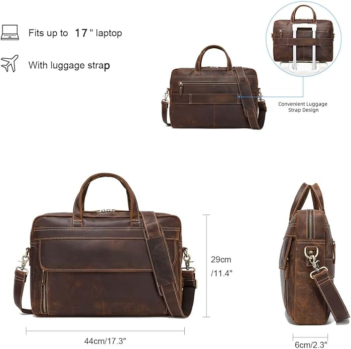 Full Grain 17.3" Leather Briefcase Messenger Laptop Bag For Men