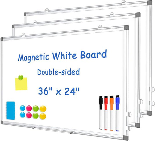 WALGLASS 3 Pack White Board, 36" x 24" Double-Sided Dry Erase White Board for Wall, Hanging Mounted Whiteboard, Horizontal or Vertical Silver Aluminium Frame for Home, School, Office, Kitchen