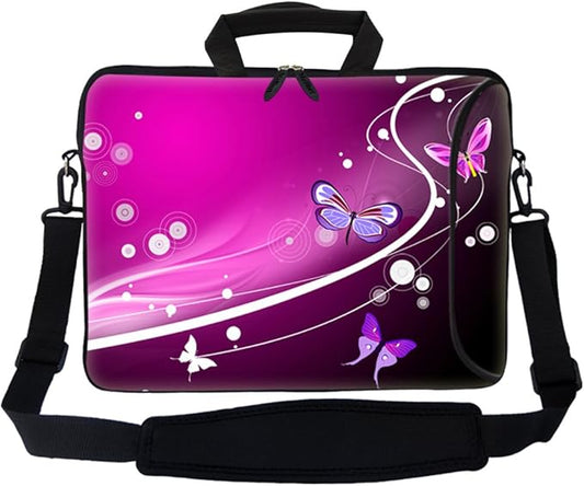 Meffort Inc 17 17.3 inch Neoprene Laptop Bag Sleeve with Extra Side Pocket, Soft Carrying Handle & Removable Shoulder Strap for 16" to 17.3" Size Notebook Computer - Pink Butterfly Design