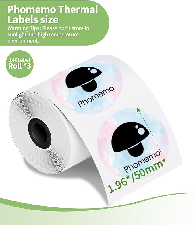 2 Inch Round Thermal Stickers Labels Compatible with Phomemo M110/M221/M220/M120/M200/M110S Label Printers,1.96"（50mm）,Self-Adhesive Circle Labels for Gift/Mailing/Business/Home,140Labels/Roll