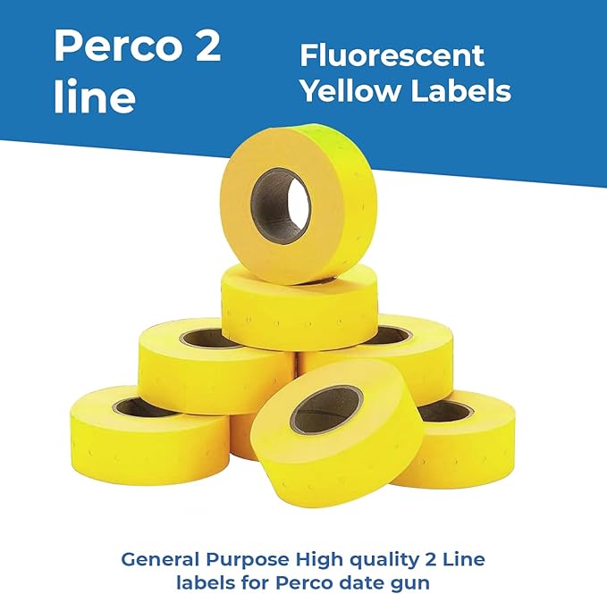 Perco 2 Line Yellow Labels - 80 Rolls, 10 Sleeves, 80,000 Blank Price and Date Gun Labels for Perco 2 Line Price and Date Guns - Made in USA