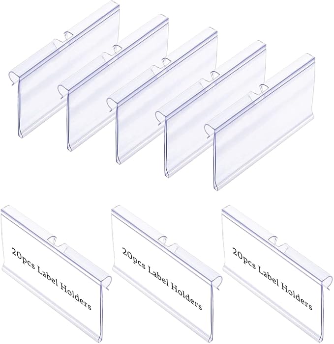 Diteje 20 Pack Plastic Wire Shelf Label Holder,Shelving Rack Retail Sign Hook Labels Clip On with Paper Inserts,2.36x1.50inch