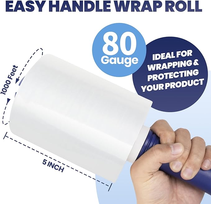 ADHES Mini Hand Stretch Wrap Film, 5 Inch x 1000 Feet, 4-Pack 80 Gauge Industrial Strength Stretch Film, Shrink Wrap Roll for Packing, Pallet Wrap, Furniture Wrapping Moving & Protection