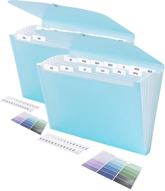 2 PCS Expanding File Folder A4,13 Pockets File Organiser with Colored Tags, Paperwork A4 Plastic Wallet Document Storage Expander for School,Office and Home, Light Blue
