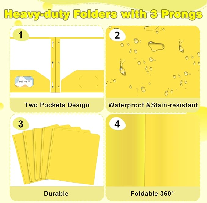 Folders with Pockets,SANXUEWJ 30 Pack Two Pocket Folders Business Card Holder Plastic Folders with Prongs for School Office Filing Cabinet Resume Portfolio (Yellow)