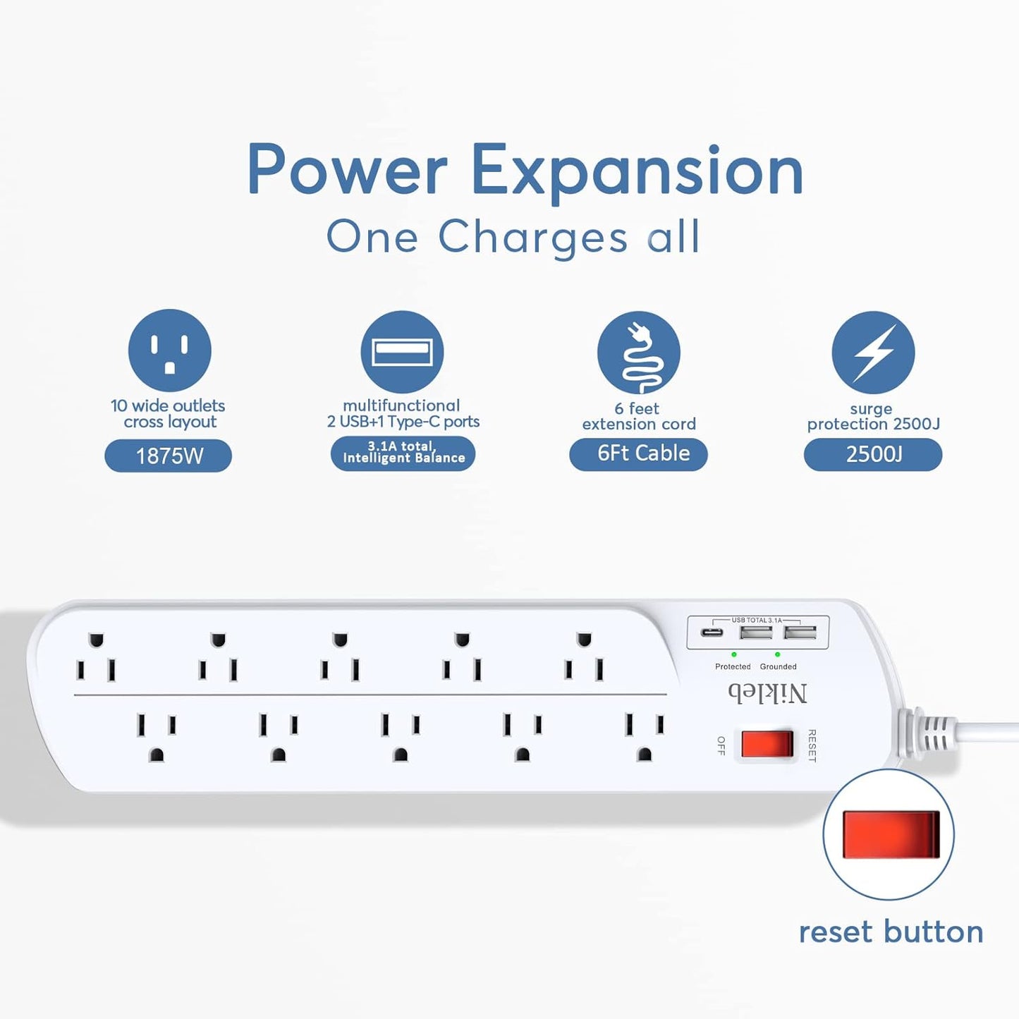 Long Power Strip, Multi Plug Outlet Extender Nikleb with 10 Outlets, Heavy Duty Extension Cord with 2 USB+1 Type C Ports, USB Plug Adapter Surge Protector for House, Garage, Patio, Basement