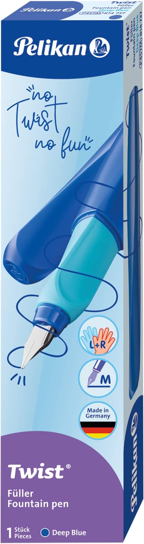 Pelikan Twist Fountain Pen with 1 Ink Cartridge, Medium Nib, Deep Blue, Boxed (814737)
