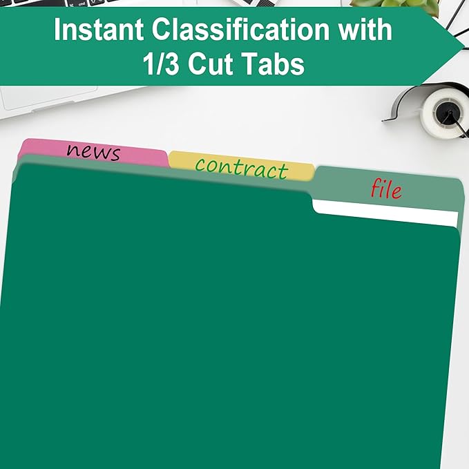 File Folders,18 Pack Two-Tone Colored File Folders Letter Size,Green Folders for School Office Supplies Documents Organization - 1/3-Cut Tabs