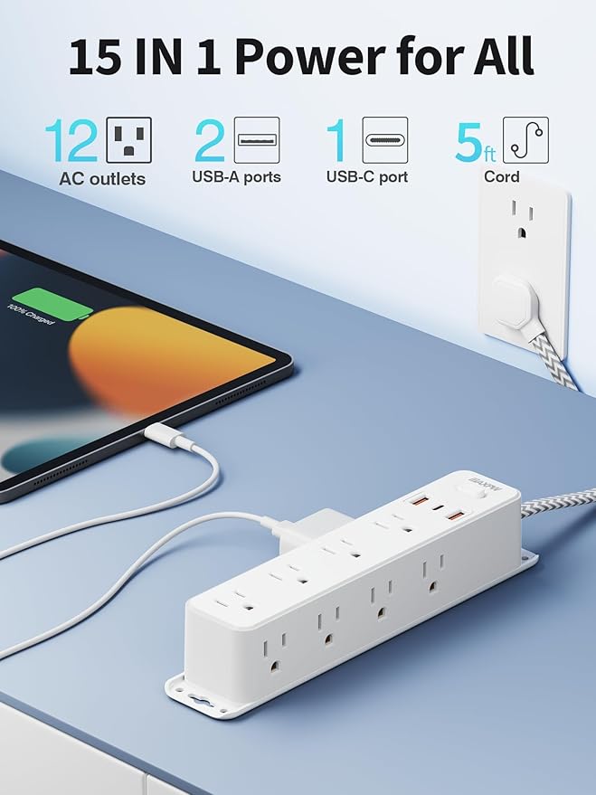 Surge Protector Power Strip with 12 Outlets and 3 USB Ports (1 USB C), 5 Ft Braided Flat Plug Extension Cord, Wall Mount Outlet Extender, 1700 Joules, Desk Charging Station for Home Office Dorm, White