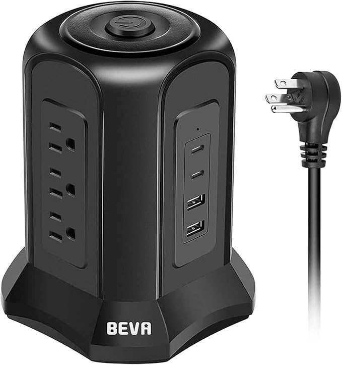 Power Strip Tower Surge Protector BEVA 10ft Flat Plug Desktop Charging Station 9 AC Outlets 4 USB Ports, 900 Joules, Long Extension Cord for Home Office Appliances Smartphones Computer Tablets(Black)