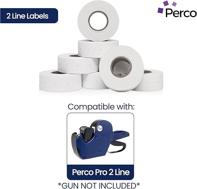 Perco 2 Line White Labels - 8 Rolls, 1 Sleeve, 6,000 Blank Price and Date Gun Labels for Perco 2 Line Price and Date Guns - Made in USA