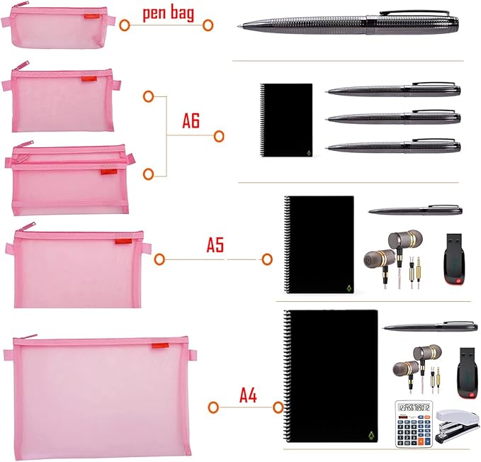 Pendancy Mesh Zipper Pouch 5pcs Lightweight Nylon File Folders Document Organizer Cosmetic Bags Accessories Storage for Travel and Office Supplies(Pink, A4 A5 A6)