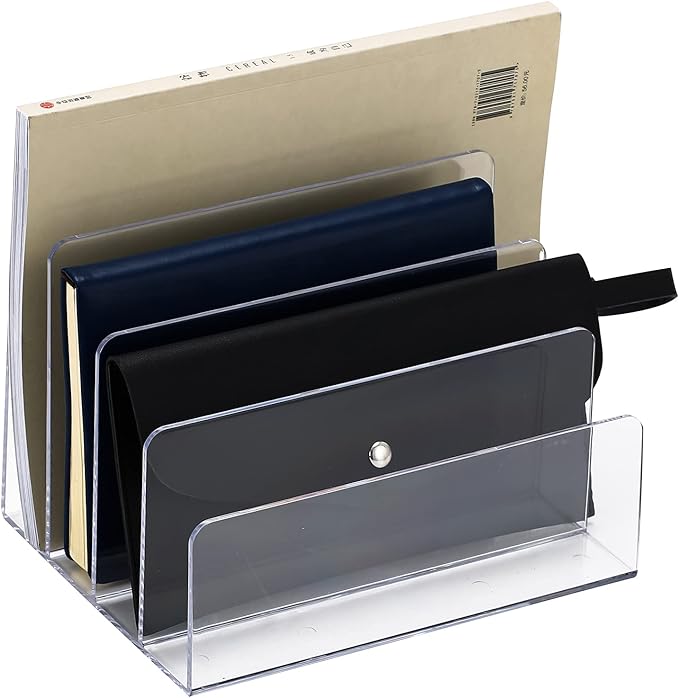 Sooyee File Organizer for Desk, Mail Organizer Countertop,4-Section File Holder for Home Office,Book Organizer,Acrylic Desk Organizer for Letter, Document, Notebook, Binder, Purse, Palette,Clear