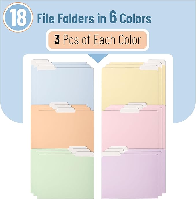 Mr. Pen- File Folders, 18 Pack, Pastel Colors, 1/3-Cut Tab, File Folders Letter Size, Colored File Folders, Office File Folder, Colored Folders, Office Supplies File Folders, File Folders with Tabs