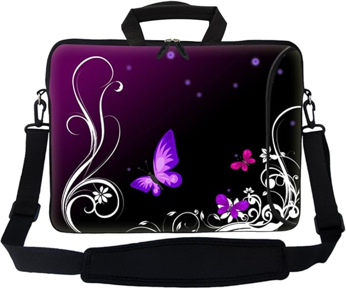 Meffort Inc 17 Inch Neoprene Laptop Bag with Extra Side Pocket, Soft Carrying Handle & Removable Shoulder Strap Fit 16" to 17.3" Size - Purple Butterfly Swirl