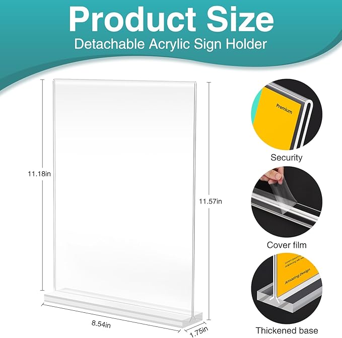 Relx 6 Pack Acrylic Sign Holder 8.5 x 11, Vertical T Shape Plastic Sign Holder with Base, Double-Sided Clear Tabletop Plexiglass Flyer Stands for Restaurant Office Store Home Picture Frame Display