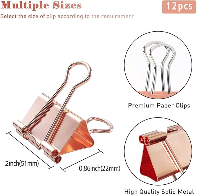 Extra Large Binder Clips, 12 Pack, 2 Inch, Standard 51mm Clamps, Rose Gold, Extra Large Binder Paper Clips, Extra Large Size, Extra Large Paper Clips, Office Clips