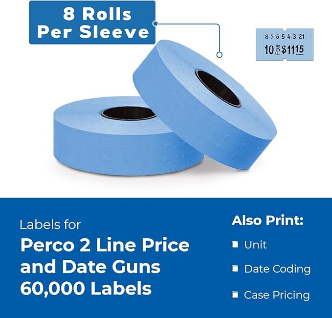 Perco 2 Line Blue Labels - 80 Rolls, 10 Sleeves, 80,000 Blank Price and Date Gun Labels for Perco 2 Line Price and Date Guns - Made in USA