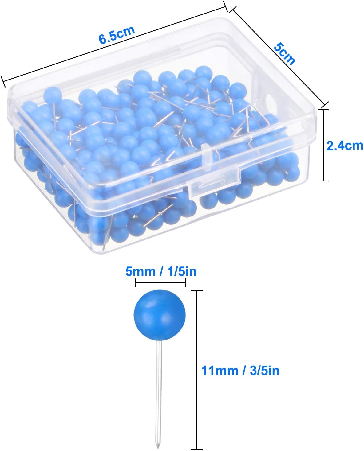 Map Tacks Push Pins Small Size 300 Packs (Blue, 1/5 Inch)