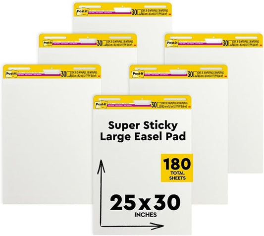 Post-it Super Sticky Easel Pad, 25 x 30 Inches, 30 Sheets/Pad, 6 Pads, Large White Premium Self Stick Flip Chart Paper, Super Sticking Power (559VAD6PK)