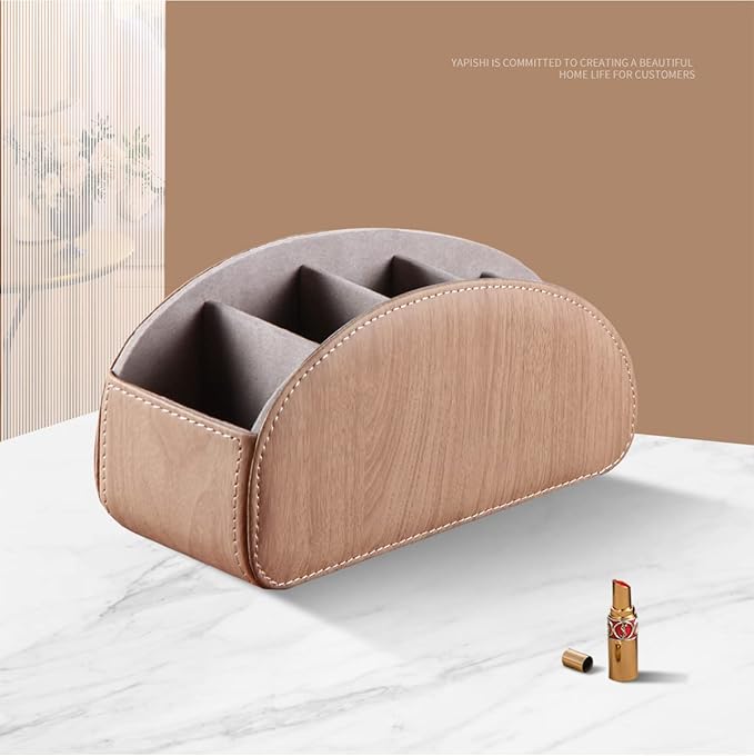 All-in-One Leather TV Remote Control Holder with 5 Compartments Nightstand Desktop Air Conditioner Media Player Remote Caddy Storage Box Organizer Tray For Makeup Brush Pen Stationary Table Controller