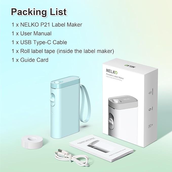 Nelko Label Maker Machine with Tape, P21 Bluetooth Label Printer, Wireless Mini Label Makers with Multiple Templates for Organizing Office Home, Cyan