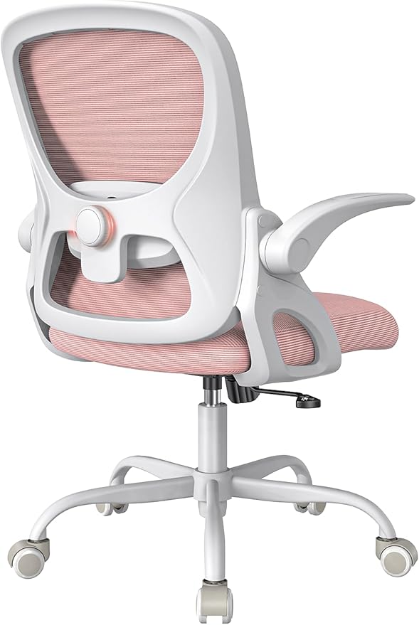 Mesh Office Chair Ergonomic Desk Chair with Up&Down Front&Rear 2 Dimensions Adjustable Lumbar Support and Flip-up Arm Rocking Comfy Swivel Computer Task Chair for Home Office(White-Pink)