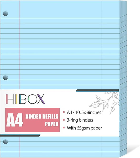 HIBOX 100 Sheets Lined Loose Leaf Paper, 8x10.5inch Blue Wide Ruled Refiller 3 Hole Punched Filler Paper for School Office