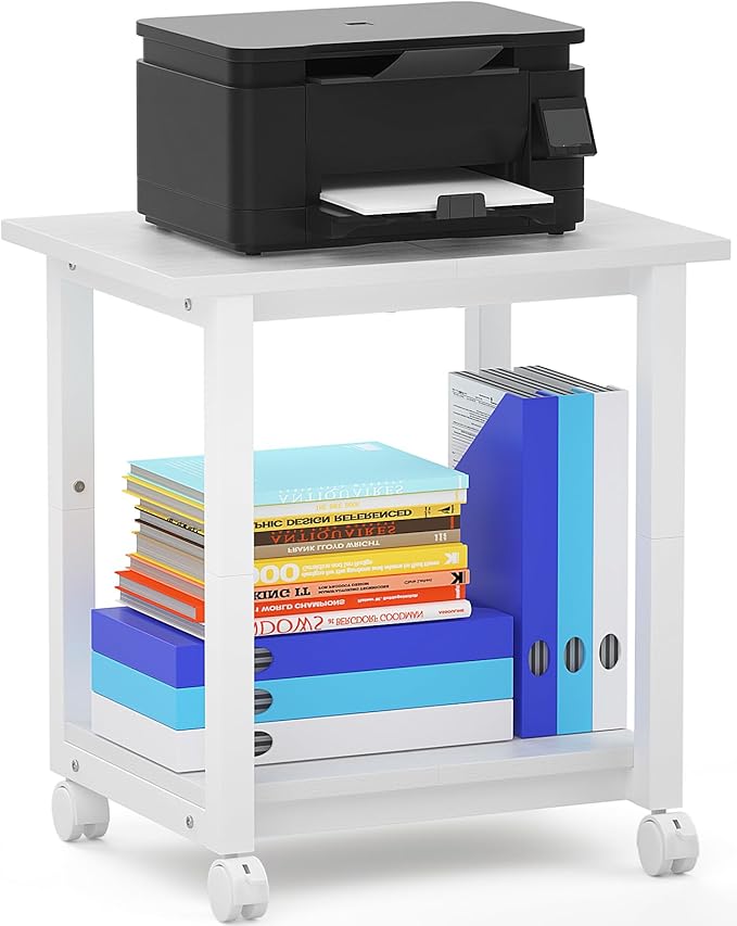 Under Desk Printer Stand, 2-Tier 19.5''x 16''x 22'' Rolling Printer Stand Storage Shelves for Printer, Scanner, Fax Machine, Files, Books with Anti-Skid Feet for Home, Office, White