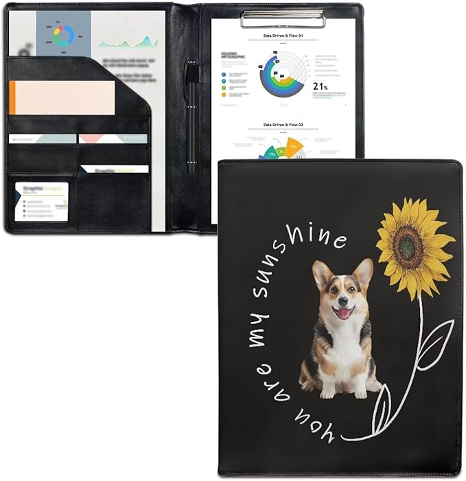 Office Folder Cute Dog Sunflower Print PU Leather Padfolio with A4 Size Clipboard Clip for Business Resume Interview Document Sleeve Binder Folder for Men/Women