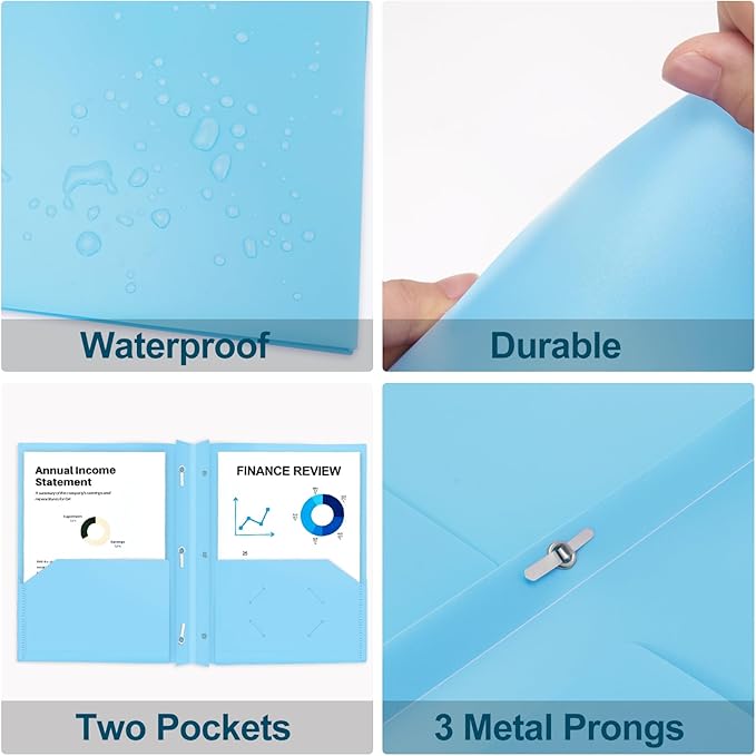 ViVin Heavy Duty 2-Pocket Folders with Brads, Pastel Color, 12-Pack, Durable Plastic Folder with 3-Prong Fasteners, Holds US Letter Size Paper, for School, Home and Office (Light Blue)