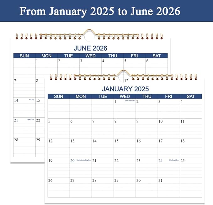 Calendar 2025-2026 - Wall Calendar Runs Jan 2025 to June 2026-18 Months Calendar Planner with Thick Paper for Planning and Organizing for Home or Office, Blue Hanging Calendar, 8.5 x 11 Inches