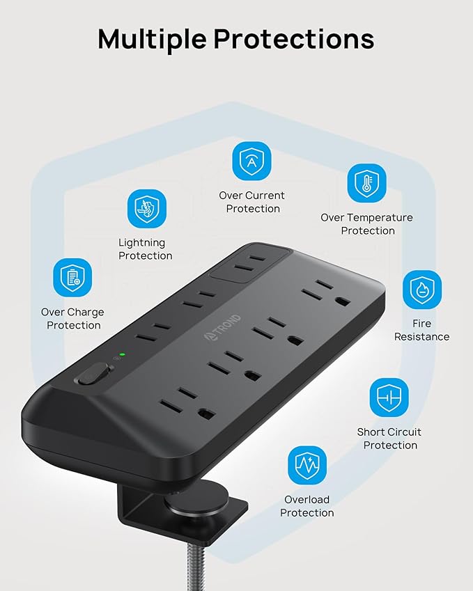 TROND Desk Clamp Power Strip - 1700J Surge Protector with 7 Outlets, Desktop Edge Mount Extension Cord, Fit 1.97" Tabletop, 6FT Flat Plug for Teacher Must Haves, Office, ETL List, Black