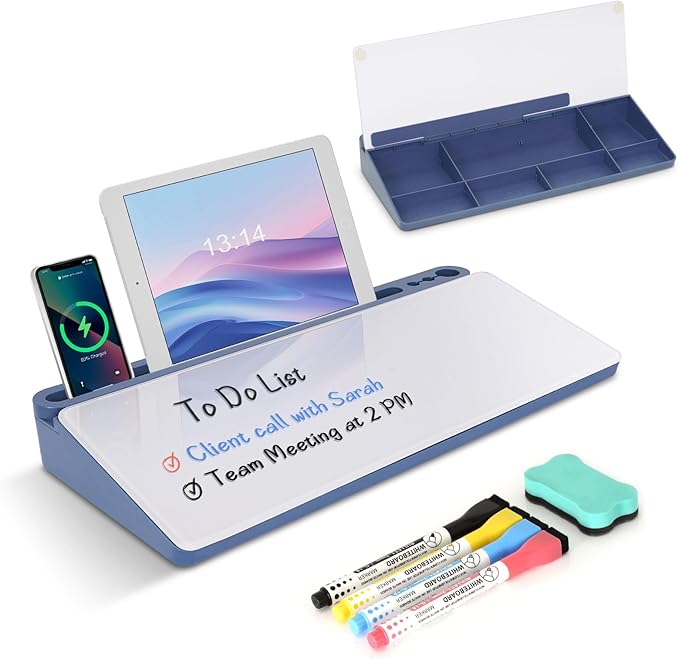 Glass Desktop Whiteboard with Storage, Desk White Board with Computer Keyboard Stand,White Dry Erase Board with Drawers for Home,School,Office - Blue
