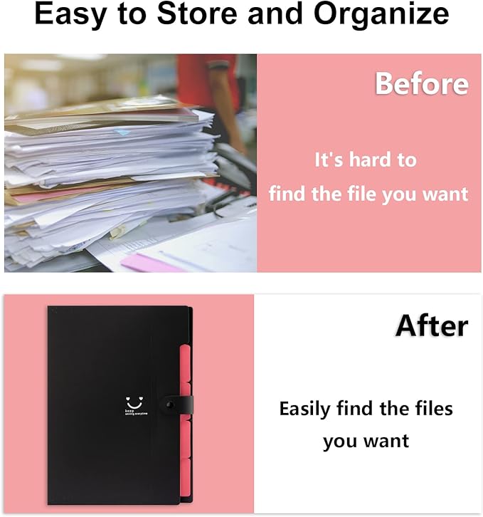 Forvencer Accordion File Organizer, Letter Size, 5 Pocket Expanding File Folder, Cute File Folder with Labels, Portable File Organizer for School Office Supplies, Folders for Documents, Black