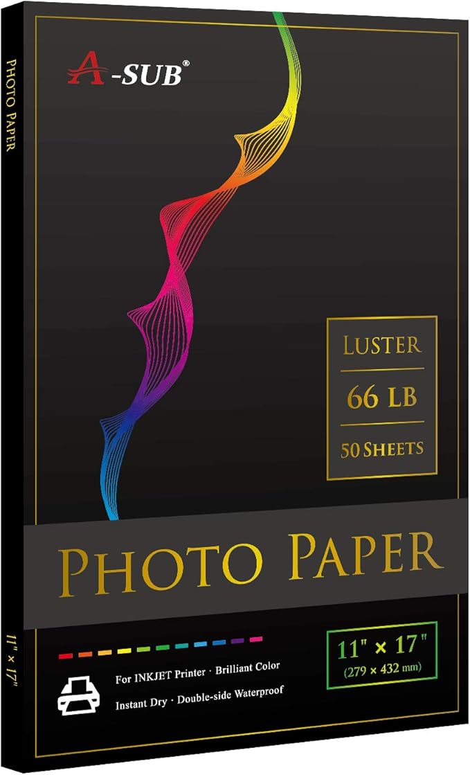 A-SUB Premium Photo Paper Luster 11x17 Inch 66lb for Inkjet Printers 50 Sheets, Single Sided