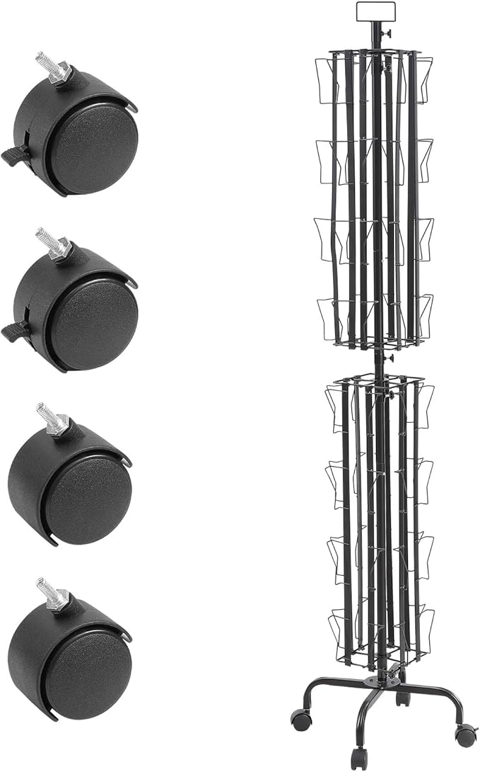 VEVOR Card Display Stand, 32-Slot Rotatable Postcard Holder, 360-Degree Spin with Title Clip & 4 Casters (2 with Brakes) for Office, Exhibits, and Fairs