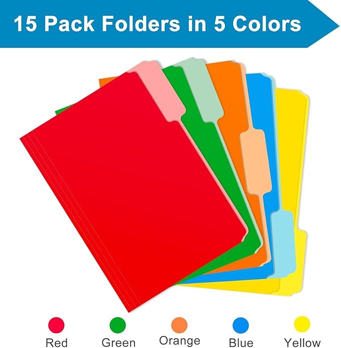 Two Tone Color File Folders 8.5 x 11 Inch, 1/3 Cut Tab File Folders Letter Size, Assorted Colors, Blue Red Green Yellow Orange Manila File Folders, School Business Office Folders for Document -15 Pack