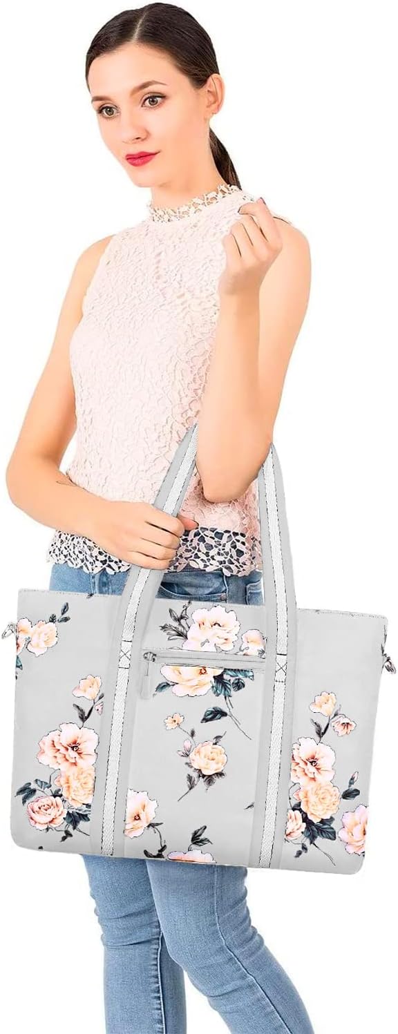 MOSISO Laptop Tote Bag for Women (17-17.3 inch), Canvas Camellia Multifunctional Work Travel Shopping Duffel Carrying Shoulder Handbag, Grey