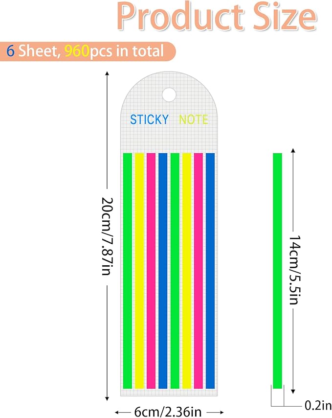 HAUTOCO 960PCS Highlighter Tape for Books, 6 Sheets Long Sticky Notes Tabs for Annotating Books, Transparent Highlighter Strips Index Flags Page Markers for Aesthetic Office School Study Supplies