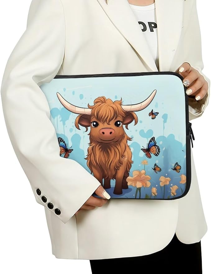 Highland Cattle Laptop Sleeve for Women 12 inch Laptop Protector with Versatile Uses Computer Sleeve Neoprene Lap Top Case Ideal Gifts for Daily Use School Travel Tablet Bag Butterfly Blue