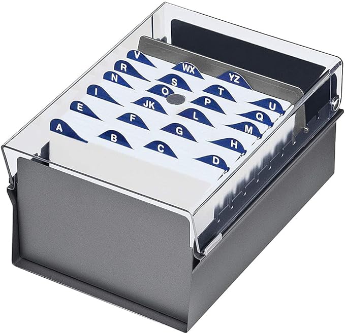 Acrimet 4 x 6 Card File Holder Organizer Metal Base Heavy Duty (AZ Index Cards and Divider Included) (Gray Color with Clear Crystal Plastic Lid Cover)