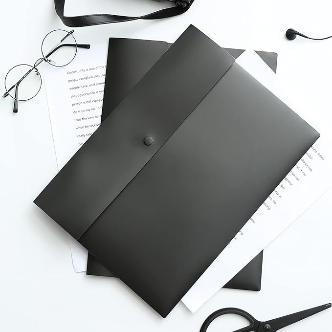 VANRA 5 Pieces A4 Envelopes Folders for Paperwork Plastic Wallets Document Organizer with Snap Button Closure A4 Letter Size (Black)