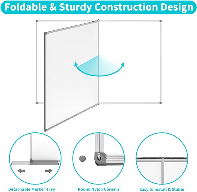 JILoffice Magnetic Foldable White Board 48 x 36 Inches, Dry Erase Whiteboard, Silver Aluminum Frame with 2 Detachable Marker Tray Wall Mounted Board for Office Home and School
