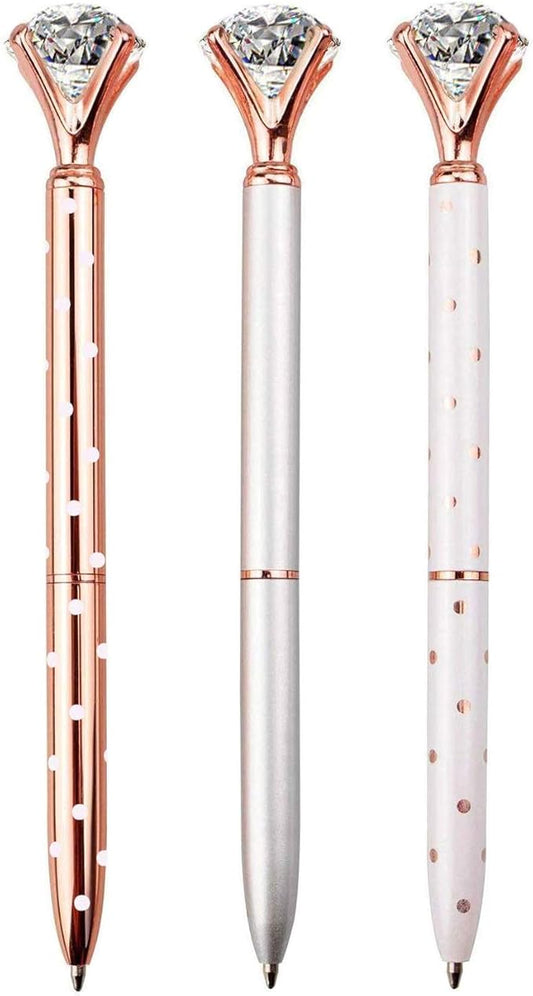 3PCS Big Crystal Diamond Ballpoint Pen Bling Metal Ballpoint PenOffices and schools, silver/White With Polka Dots/Rose Gold With Polka Dots, Includes 3 Pen Refills