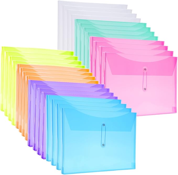 A4 Letter Size Plastic Poly Envelopes with Button and String Tie Closure, 1-1/4" Expansion Clear File Folders Side Loading Documents Organizer for Home School and Office Supplies (28)